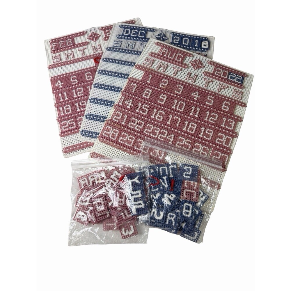 3 Piece Handmade Perpetual Calendar Needlepoint Plastic Canvas Red Blue Country